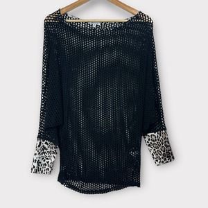 white birch Blouse Fishnet Leopard Print Sleeve Scoop Neck Black Medium
